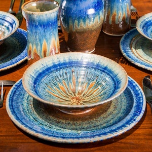Stoneware Plate, Blue Pottery Bowl, Ceramic Salad Bowl, Pasta Plate image 5