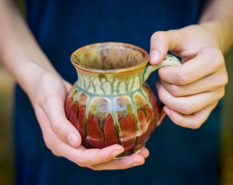 11 oz. Small Ceramic Round Mugs in Red & Green Stoneware Mug, Modern Mug, Pottery Coffee Mugs, Handmade Tea Cups