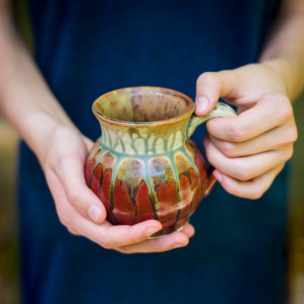 11 oz. Small Ceramic Round Mugs in Red & Green Stoneware Mug, Modern Mug, Pottery Coffee Mugs, Handmade Tea Cups