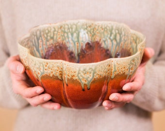 Red Large Stoneware Bowl, Flower Shaped Bowl, great as a Large Serving Bowl, Ceramic Flower Pot & Centerpiece Bowls