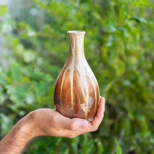 May include: A handcrafted ceramic vase with a narrow neck and a bulbous body. The vase features a warm color palette of brown, beige, and cream, with vertical streaks of color. The vase is held in a hand against a blurred green background.