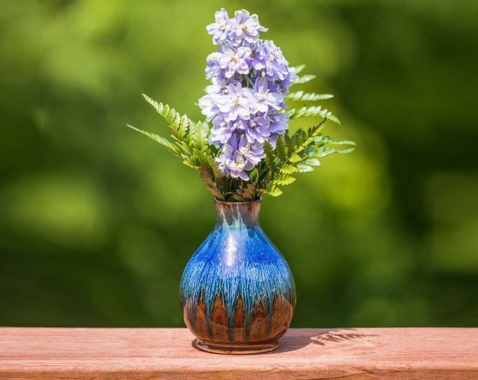 Amber & Blue Bud Vase, Small Ceramic Vase, Studio Pottery Vase, Great as a New House Gift