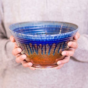 Large Stoneware Bowl in Amber Blue, Fruit Bowl Pottery, Blue Serving Bowl, Ceramic Mixing Bowl