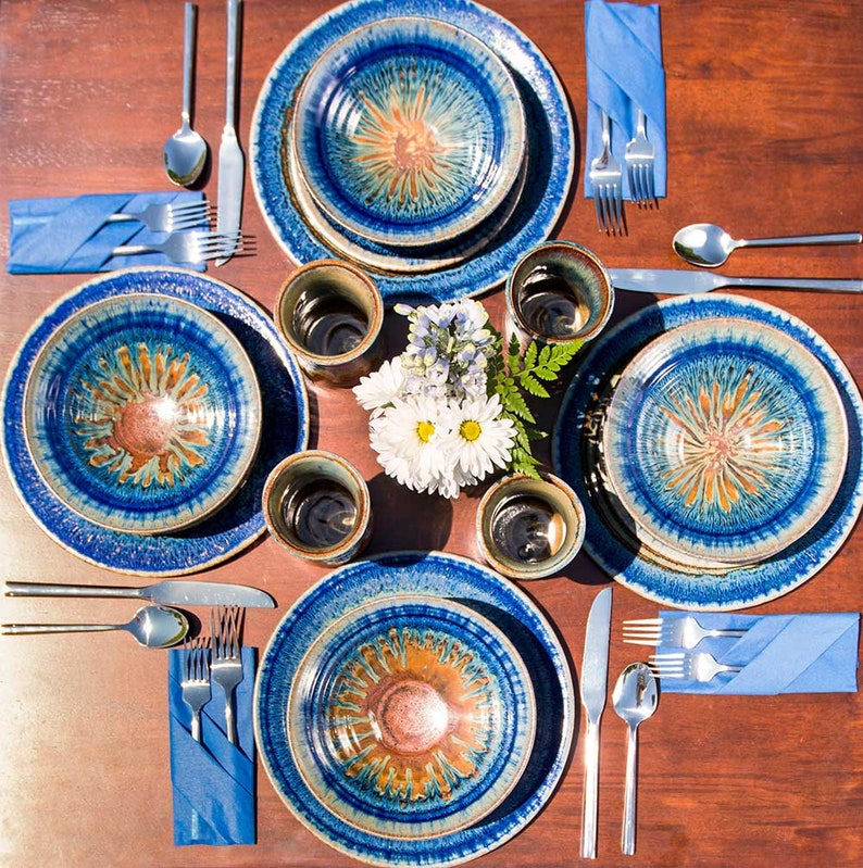 Stoneware Plate, Blue Pottery Bowl, Ceramic Salad Bowl, Pasta Plate image 7