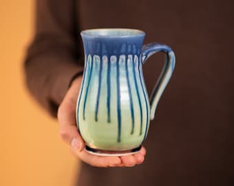 Large Pottery Mug, Green & Blue Handmade Mug, Stoneware Coffee Mugs, Ash Glazed Pottery Dinnerware