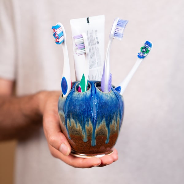 Blue Ceramic Toothbrush Holder + Toothpaste Holder, Bathroom Organizer, New House Gift, Pen Holder For Desk