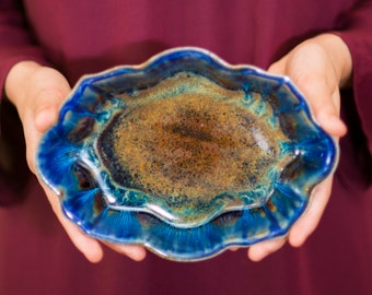 Blue Pottery Key Tray / Key Bowl, Great as a Ceramic Trinket Dish & Snack Plate