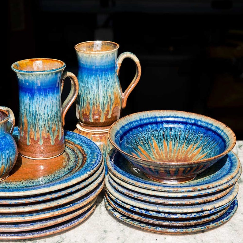 Stoneware Plate, Blue Pottery Bowl, Ceramic Salad Bowl, Pasta Plate image 8