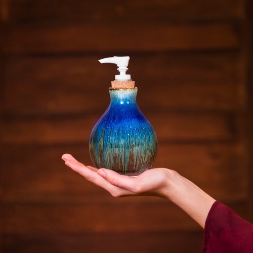 Handmade Ceramic Soap Dispenser Pump, Amber Blue Hand Soap Dispenser, Dish Soap Dispenser