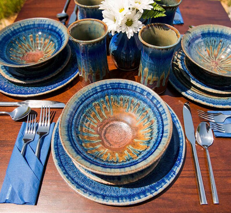 Stoneware Plate, Blue Pottery Bowl, Ceramic Salad Bowl, Pasta Plate image 6