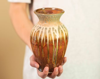 Studio Pottery Vase, Modern Ceramic Vase in Brown & Yellow, Drip Glaze Pottery Vase Handmade