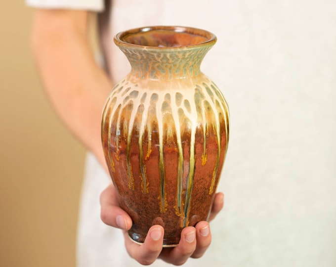 Studio Pottery Vase, Modern Ceramic Vase in Brown & Yellow, Drip Glaze Pottery Vase Handmade