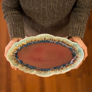 Large Scalloped Serving Platter, Rustic Serving Tray, Ceramic Baking Dish