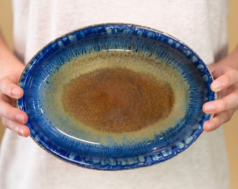 Oval Snack Plate in Amber Blue, Small Ceramic Baking Dish, Great also as a Key Bowl / Catchall Tray
