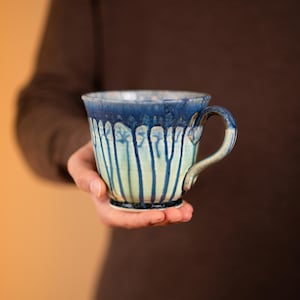 Blue & Green Large Pottery Mug, Handmade Ceramic Soup Bowl, Pottery Coffee Mugs, Soup Mug With Handle