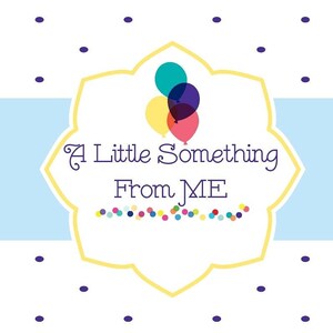 May include: A yellow, white, and blue gift tag with a yellow border and a scalloped edge. The tag has a graphic of three balloons and the text "A little something from ME".