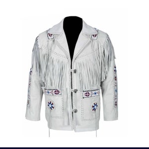May include: White leather jacket with fringe detailing and Native American inspired beadwork. The jacket has a button closure and two pockets.