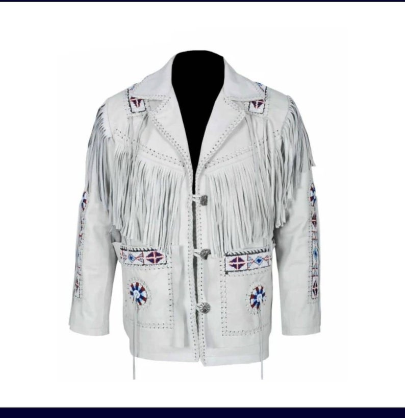 May include: White leather jacket with fringe detailing and Native American inspired beadwork. The jacket has a button closure and two pockets.
