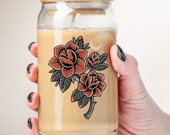 Tattoo Art Flower Iced Coffee Glass Can: Gothic Alternative Drinkware
