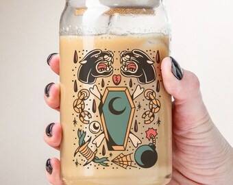 Coffin Tattoo Iced Coffee Glass Can, Goth Tumbler