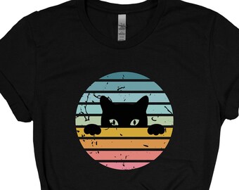 Camiseta retro de gato negro al atardecer, regalo para amantes de los gatos