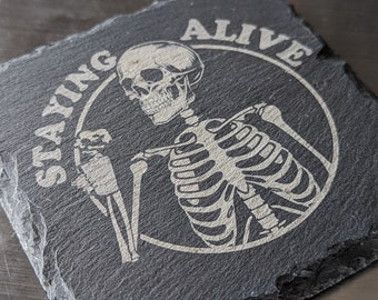 Staying Alive Gothic Skull Slate Black Coaster, Gothic Home Decor, Funny Coasters, Funny Gift, Gothic Skull, Skeleton, Whimsical Bar Gift