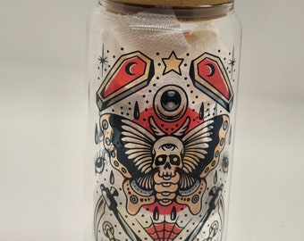 Flash Tattoo Death Moth Coffin Gothic Glass Can | Iced Coffee 16 oz Beer Water Cold Brew Iced Coffee Bubble Tea Glass Jar | Spooky Season