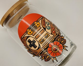 Lata de vidrio de café helado estilo retro gamer, diseño de tatuaje flash
