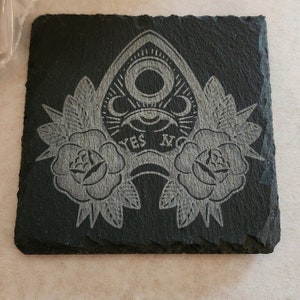 Planchette Spirit Board flash tattoo Slate Black Coaster, Gothic Home Decor, Spooky season Gift, Gothic Skull skeleton, spooky decor