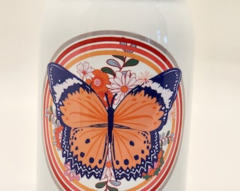 Monarch Butterfly Mason Jar Tumbler: Iced Coffee Glass Can