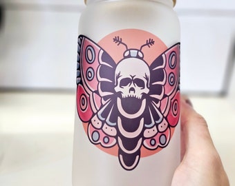 Vaso de vidrio para café helado con diseño de polilla de la muerte, tatuaje de polilla luna gótica, 16/20 oz.