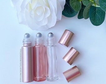 10 ml EMPTY Rose Gold Essential Oil Roller Bottle with Customized Vinyl Label | 10ml Roll-On Bottles | SINGLE or SET of 3 Pretty Rollers