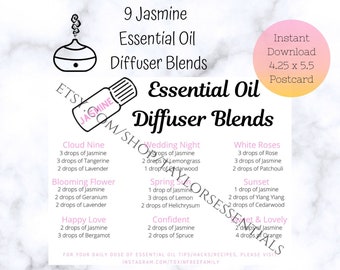 Jasmine Diffuser Blends | Jasmine Essential Oil Diffuser Blend Postcards | Printable Diffuser Blend Recipes | Digital Download