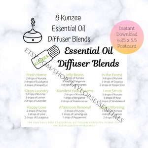 Kunzea Diffuser Blends | Kunzea Essential Oil Diffuser Blend Postcards | Printable Diffuser Blend Recipes | Digital Download