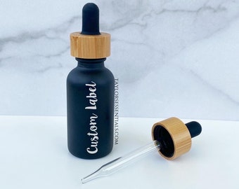 1oz/30ml EMPTY Matte Black Glass Dropper Bottle with Bamboo Dropper Top and Customized Vinyl Label | 1 ounce essential oil dropper bottle
