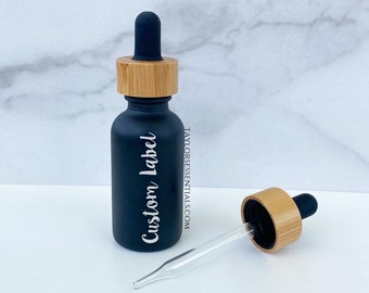 1oz/30ml EMPTY Matte Black Glass Dropper Bottle with Black Wooden Bamboo Dropper Top and Customized Vinyl Label | 1 oz dropper oil bottle