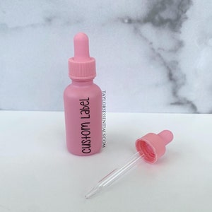 Flacon compte-gouttes en verre rose VIDE de 1 oz / 30 ml avec dessus compte-gouttes rose et étiquette en vinyle personnalisée | Flacon compte-gouttes d’huile essentielle rose de 1 once