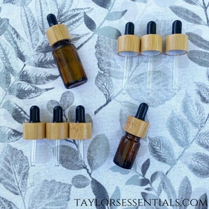 Tops compte-gouttes d’huile essentielle de bambou pour bouteilles d’huile essentielle de 5 ml et 15 ml | Ensemble de 3 sommiers en bambou en bois noir pour bouteilles d’huile essentielle