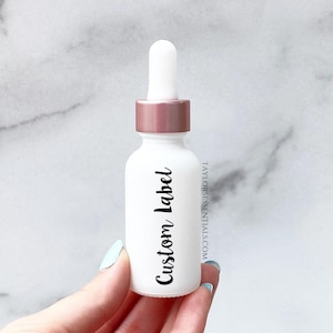 Bouteille de goutte en verre blanc EMPTY de 1 oz/30ml avec dessus de goutte d’or rose et étiquette de vinyle personnalisée | Bouteille de goutte d’huile essentielle de 1 once