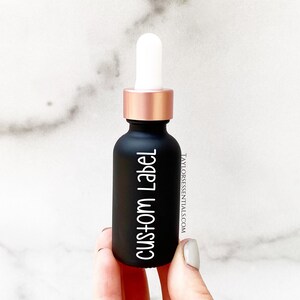 1oz/30ml EMPTY Matte Black Glass Dropper Bottle with Rose Gold Dropper Top and Customized Vinyl Label | 1 ounce essential oil dropper bottle