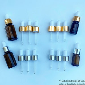 Tops dropper à l’huile essentielle pour bouteilles d’huile essentielle de 5ml et 15ml | Ensemble de 3 tops dropper en aluminium or ou argent de première qualité pour les huiles essentielles