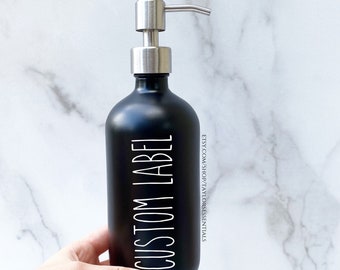 16 oz Matte Black Glass Liquid Soap Bottle with Custom Vinyl Label | 16 ounce Glass Bottles | Black Lotion Bottle with Stainless Steel Pump