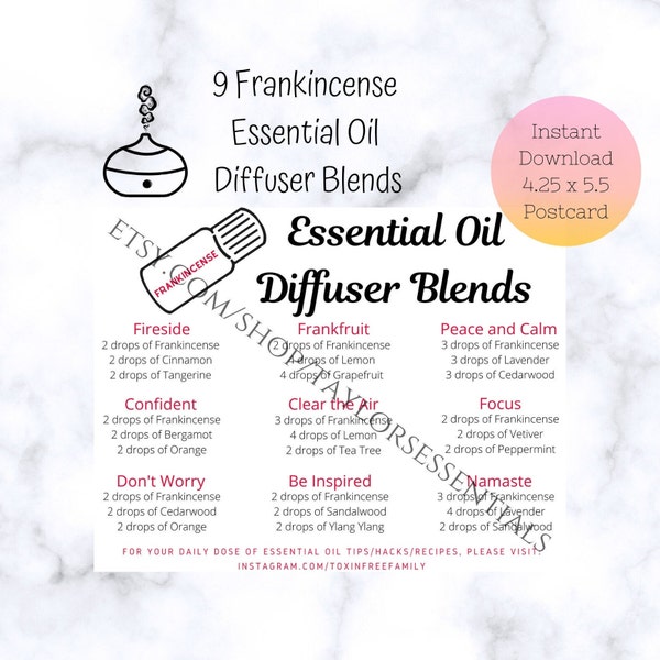 Frankincense Diffuser Blends | Frankincense Essential Oil Diffuser Blend Postcards | Printable Diffuser Blend Recipes | Digital Download