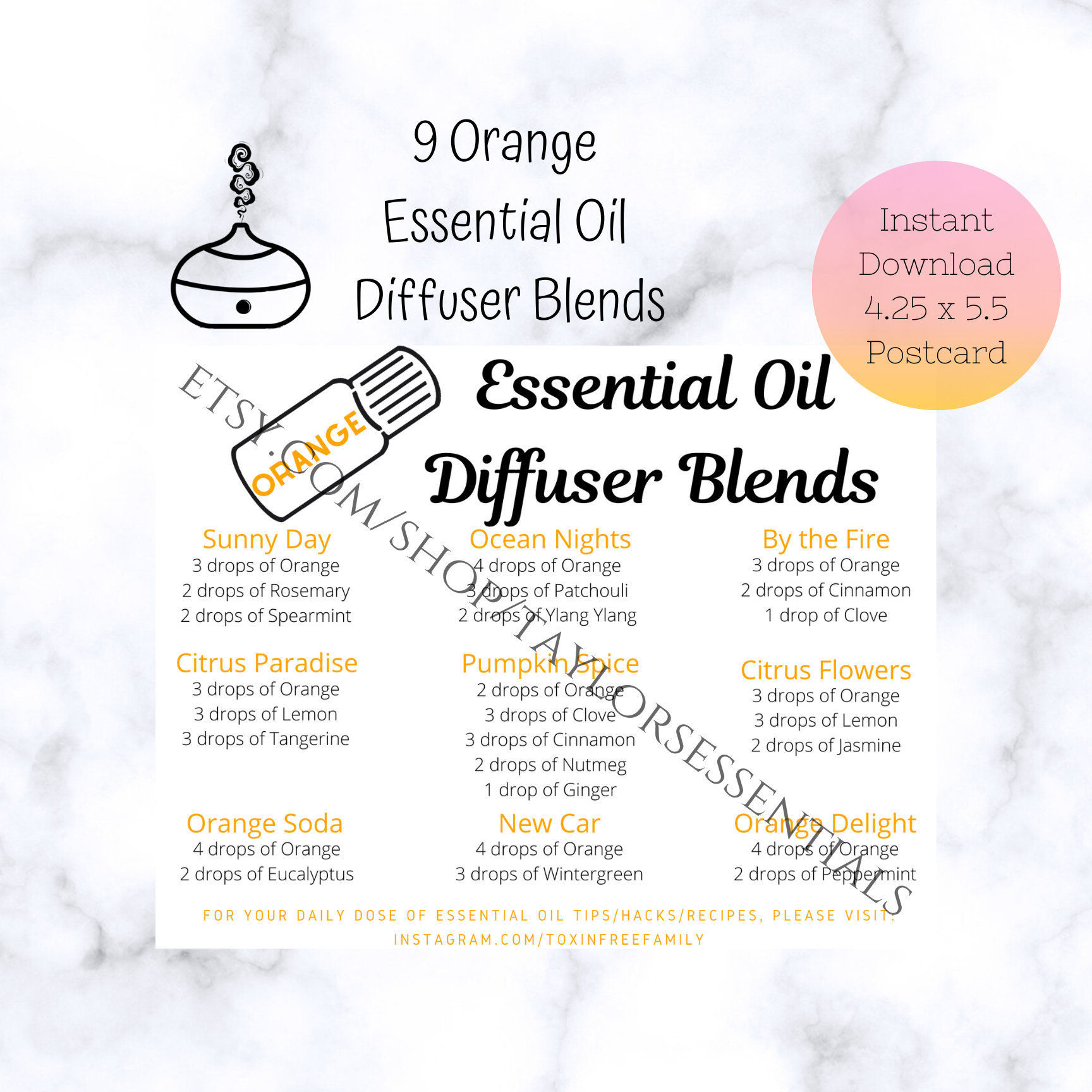 Orange Diffuser Blends Orange Essential Oil Diffuser Blend Postcards  Printable Diffuser Blend Recipes Digital Download 