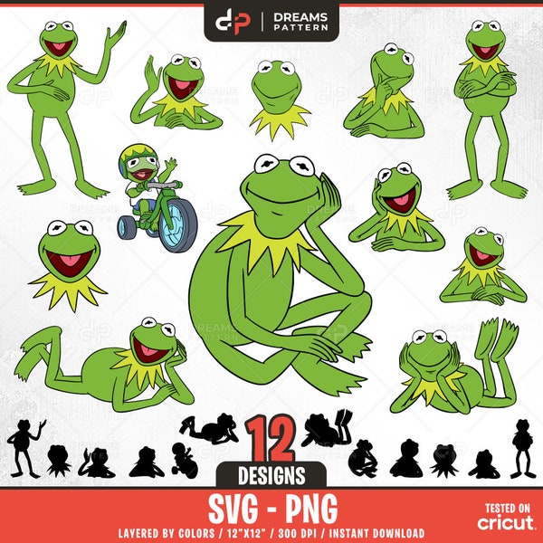 Kermit the frog Svg, 12 Designs Easy to use, Cartoon Characters Clipart, Layered Svg by colors, Transparent Png, Easy cut files for Cricut.