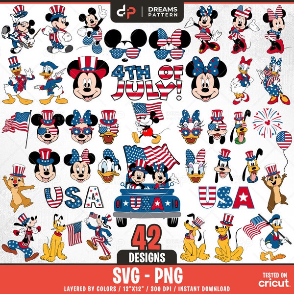 4th Of July USA Mouse and Friends Svg, 42 Designs Easy to use, Cartoon Characters, Layered Svg, Transparent Png, Easy cut files for Cricut.