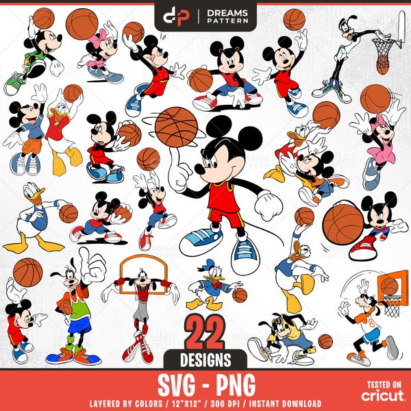 Mouse And Friends Basketball Svg, 22 Designs Easy to use, Cartoon Characters, Layered Svg by colors, Transparent Png, Cut files for Cricut.