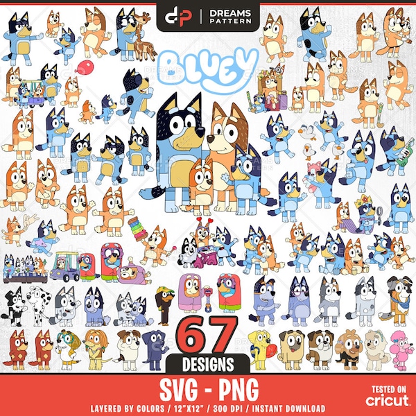 Chien bleu et amis Svg, 67 modèles faciles à utiliser, cliparts de personnages de dessins animés, Svg superposés par couleurs, png transparents, fichiers de coupe pour Cricut.