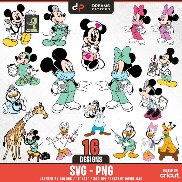 Doctor and Nurse Mouse Svg, 16 Designs Easy to use, Cartoon Characters, Layered Svg by colors, Transparent Png, Easy cut files for Cricut.