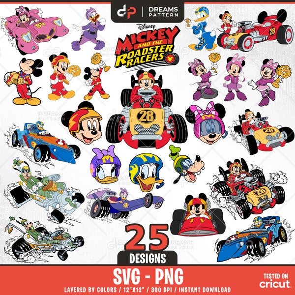 Mouse And Friends Roadster Racers Svg, 25 Designs Easy to use, Cartoon Characters, Layered Svg by colors, Transparent Png, Files for Cricut.